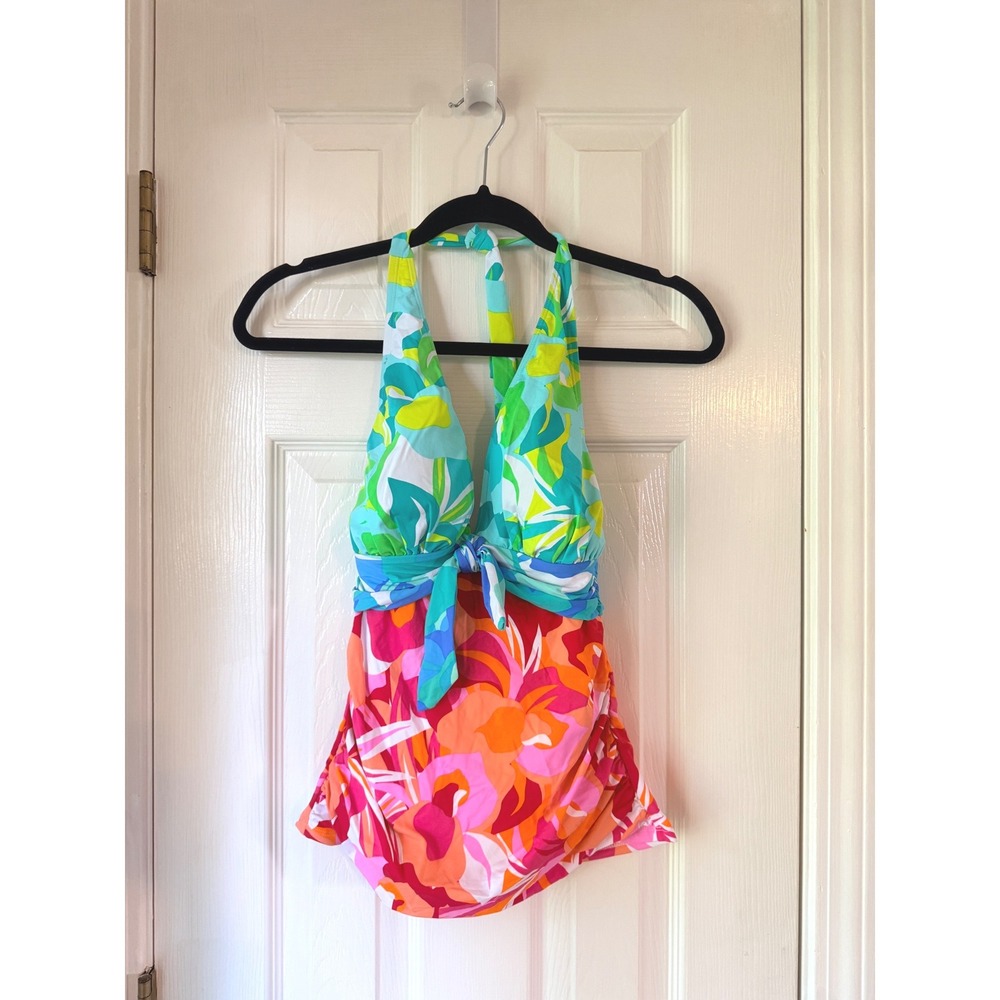 Bleu Rod Beattie Floral Halter Tankini Top Multicolor Ruched Tropical Swim 4